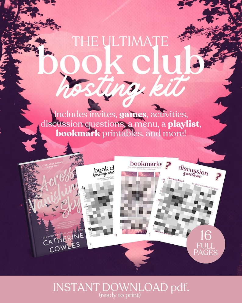 May include: A pink and purple book club hosting kit with the text "The Ultimate Book Club Hosting Kit." Includes invites, games, activities, discussion questions, a menu, a playlist, and bookmark printables. Features a book cover and printable pages.