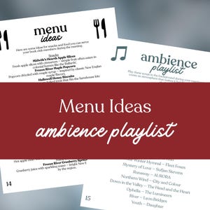 May include: A vertical image featuring two white pages with text and a red background. The top page says "menu ideas" and lists snack suggestions. The other page says "ambience playlist" and lists song titles.