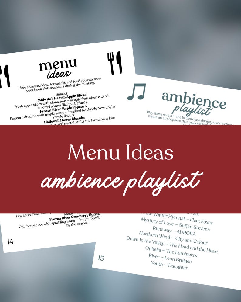 May include: A vertical image featuring two white pages with text and a red background. The top page says "menu ideas" and lists snack suggestions. The other page says "ambience playlist" and lists song titles.