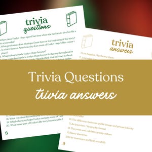 May include: A set of trivia game cards with questions and answers, featuring the text "Trivia Questions" and "trivia answers." The cards are green and gold, with a book icon. The questions and answers are printed in a simple font.