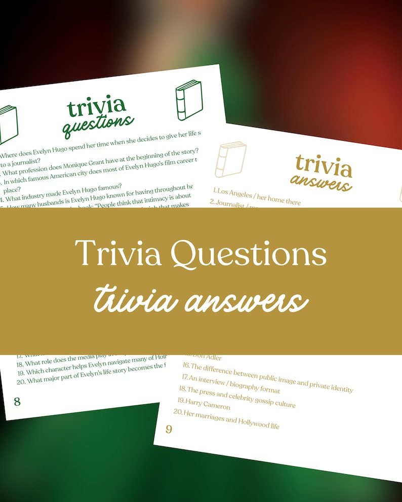 May include: A set of trivia game cards with questions and answers, featuring the text "Trivia Questions" and "trivia answers." The cards are green and gold, with a book icon. The questions and answers are printed in a simple font.