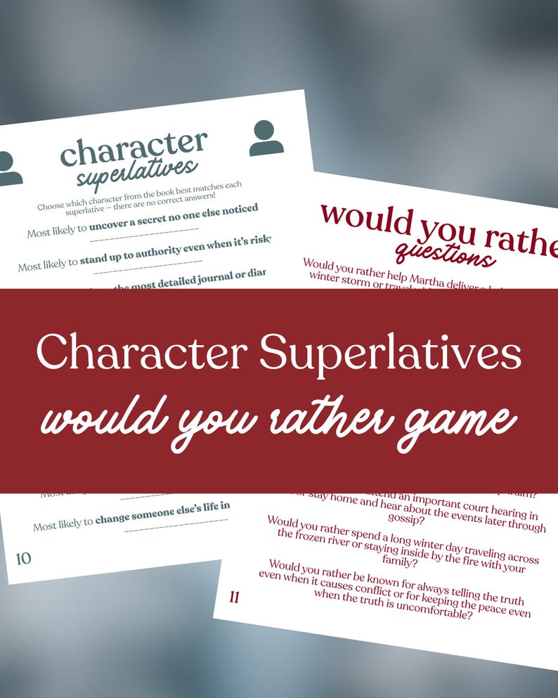 May include: A game with the title "Character Superlatives would you rather game" in white text on a red background. The game includes cards with questions and prompts like "Most likely to uncover a secret no one else noticed."