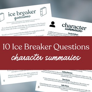 May include: A collection of printed sheets with the title "10 Ice Breaker Questions character summaries." The sheets feature questions and character summaries from a story. The text is in a white font on a dark red background.