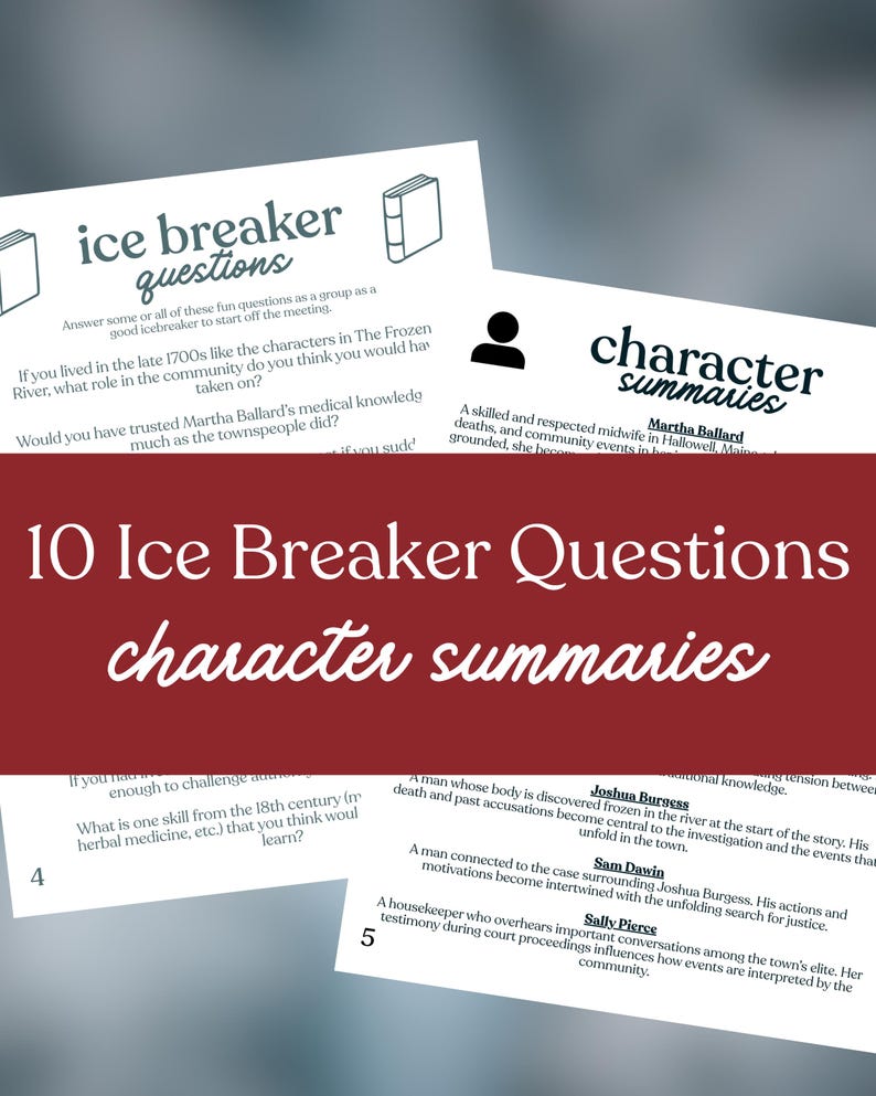 May include: A collection of printed sheets with the title "10 Ice Breaker Questions character summaries." The sheets feature questions and character summaries from a story. The text is in a white font on a dark red background.