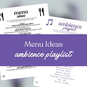 May include: A collection of white paper sheets with text, including "menu ideas" and "ambience playlist." The menu sheet lists snack ideas like "Violet's Dark Chocolate Bites." The playlist sheet features song titles such as "Blood Bank" and "Work Song."