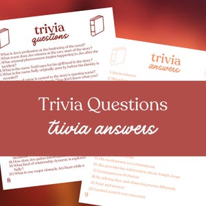 May include: A set of trivia cards with the words "Trivia Questions" and "Trivia Answers" in a stylized font. The cards feature questions and answers about a novel, with a book icon. The background is a gradient of red and orange.
