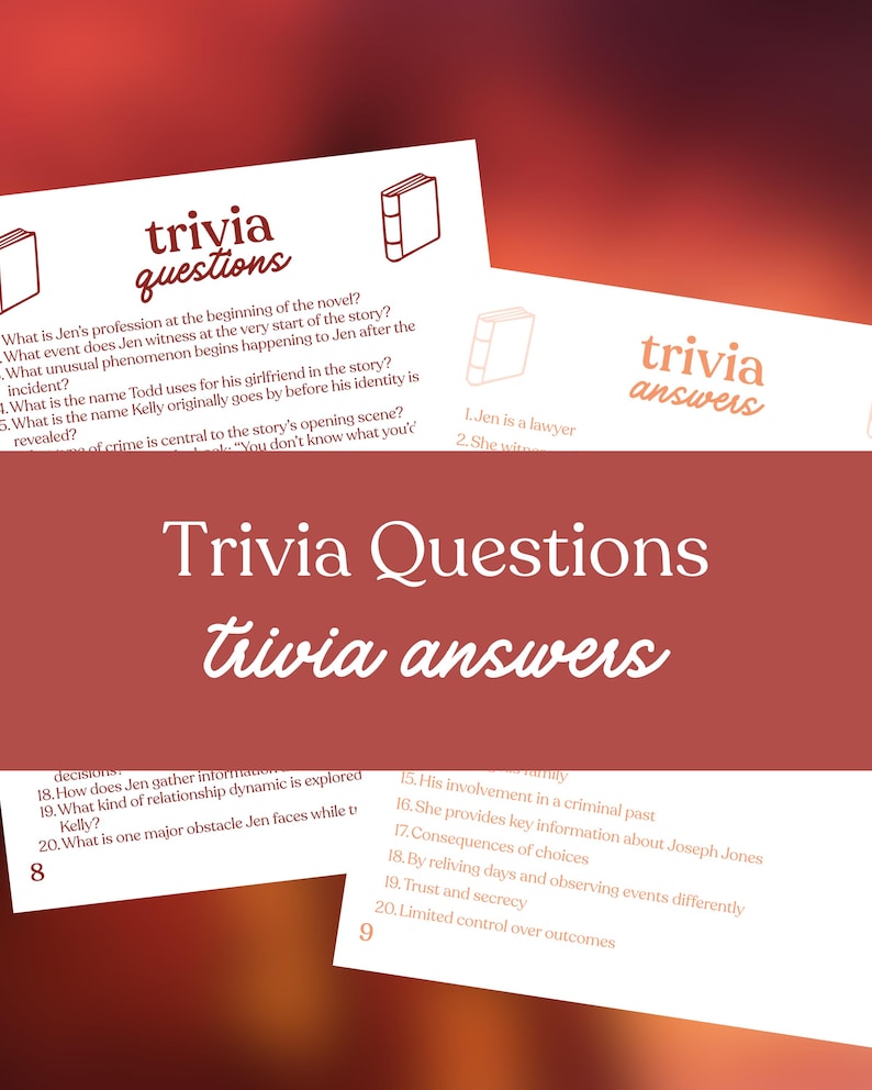 May include: A set of trivia cards with the words "Trivia Questions" and "Trivia Answers" in a stylized font. The cards feature questions and answers about a novel, with a book icon. The background is a gradient of red and orange.
