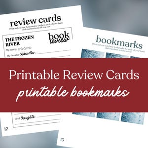 May include: Printable review cards and bookmarks. The review cards have space for rating and favorite character. The bookmarks have a blue and white design. The text includes "review cards", "book review", and "bookmarks".