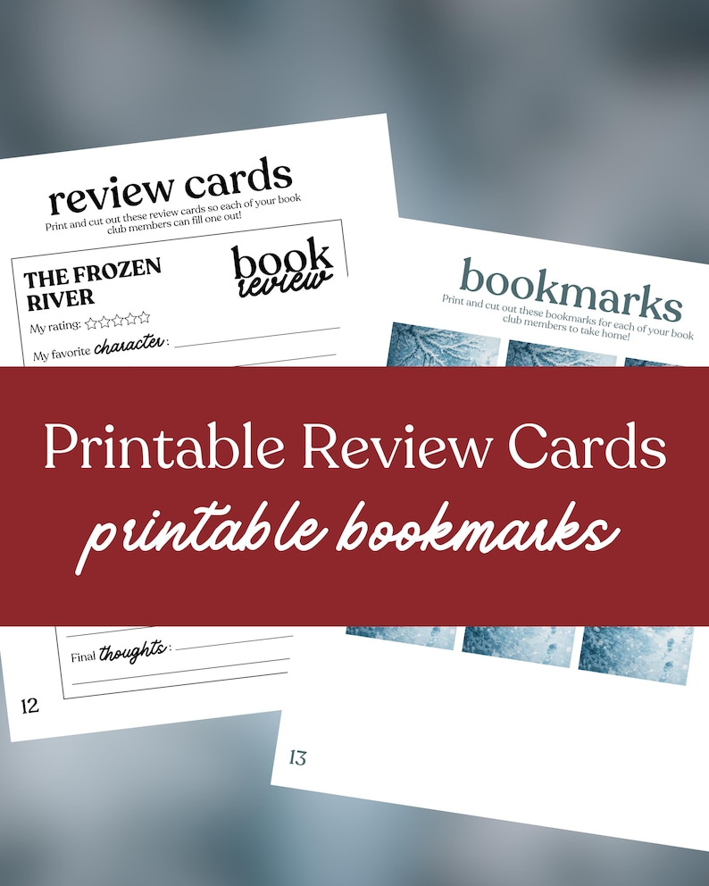May include: Printable review cards and bookmarks. The review cards have space for rating and favorite character. The bookmarks have a blue and white design. The text includes "review cards", "book review", and "bookmarks".