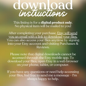 K&ouml;nnte beinhalten: Grafik mit Anweisungen zum Herunterladen digitaler Produkte mit einem verschwommenen gr&uuml;nen und beigen Hintergrund. Der Text enth&auml;lt Informationen zu digitalen Downloads, Etsy und dem Zugriff auf Dateien. Der Text enth&auml;lt auch eine Dankesbotschaft.