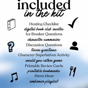 Puede incluir: Gr&aacute;fico blanco con el texto "included in the kit" y una lista de recursos para el club de lectura. Incluye una lista de verificaci&oacute;n, invitaciones, preguntas, res&uacute;menes y m&aacute;s. El texto inferior dice "&iexcl;Todo lo que necesitas para organizar la reuni&oacute;n perfecta del club de lectura!!"