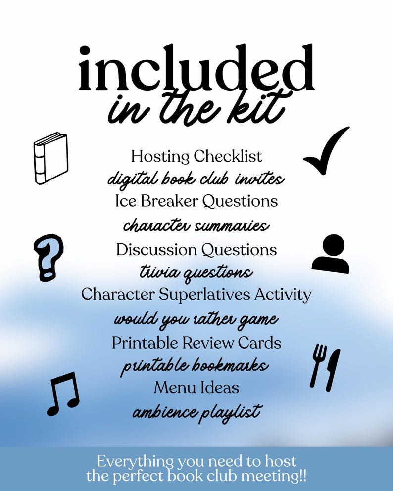 Puede incluir: Gr&aacute;fico blanco con el texto "included in the kit" y una lista de recursos para el club de lectura. Incluye una lista de verificaci&oacute;n, invitaciones, preguntas, res&uacute;menes y m&aacute;s. El texto inferior dice "&iexcl;Todo lo que necesitas para organizar la reuni&oacute;n perfecta del club de lectura!!"