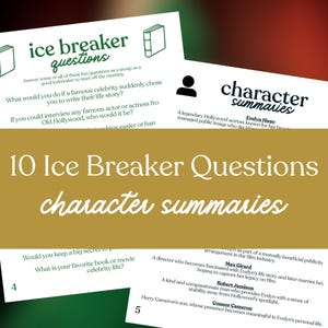 May include: Cards with the text "ice breaker questions" and "character summaries" are displayed. The cards contain questions and character descriptions, with a green and gold colour scheme. The image is designed for group activities.