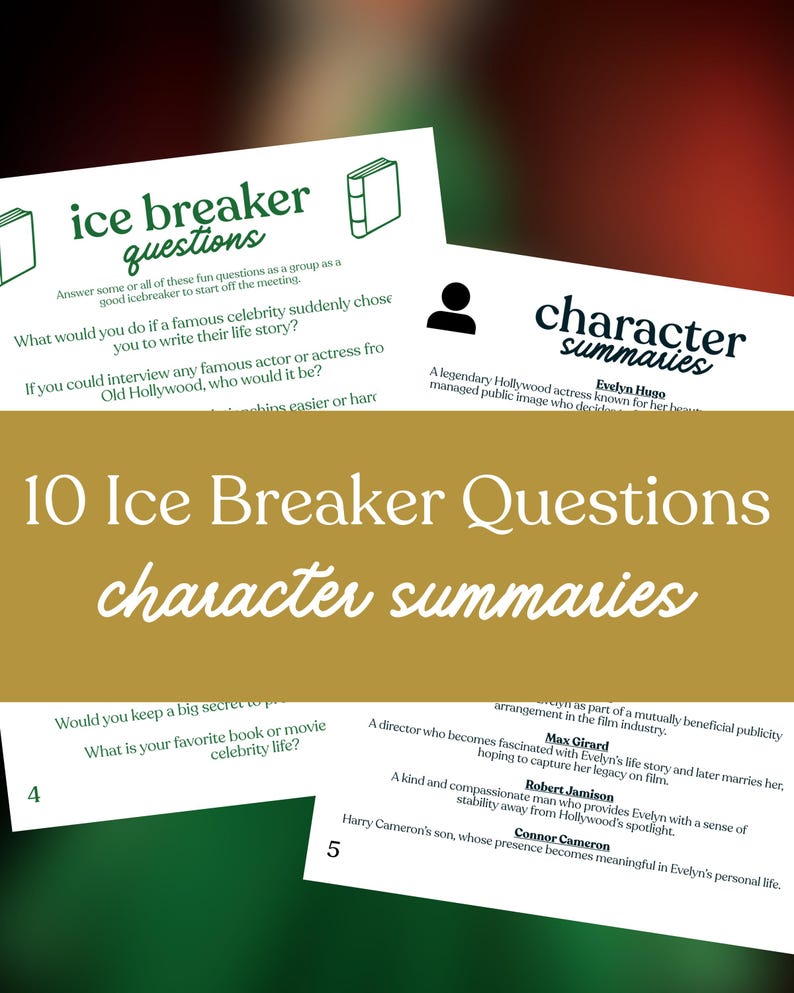 May include: Cards with the text "ice breaker questions" and "character summaries" are displayed. The cards contain questions and character descriptions, with a green and gold colour scheme. The image is designed for group activities.