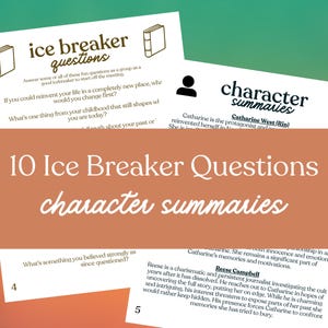 Puede incluir: Un conjunto de tarjetas blancas con texto, incluyendo "ice breaker questions" y "character summaries". Las tarjetas presentan preguntas y res&uacute;menes, con un fondo degradado naranja y verde. El texto est&aacute; en una fuente serif.