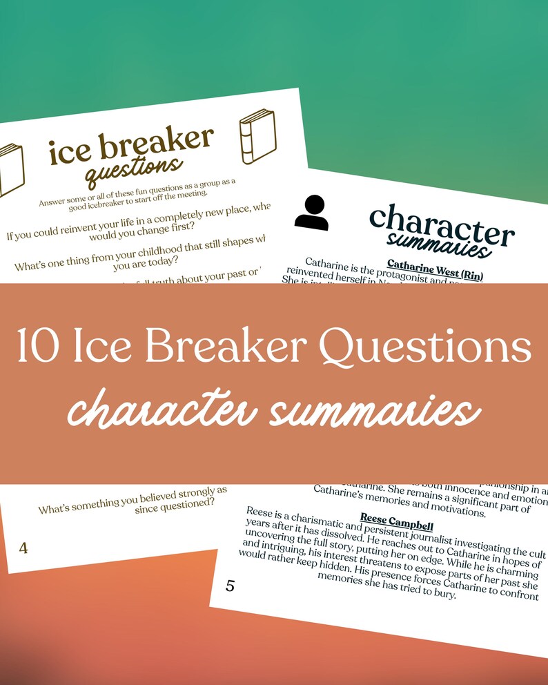 Puede incluir: Un conjunto de tarjetas blancas con texto, incluyendo "ice breaker questions" y "character summaries". Las tarjetas presentan preguntas y res&uacute;menes, con un fondo degradado naranja y verde. El texto est&aacute; en una fuente serif.