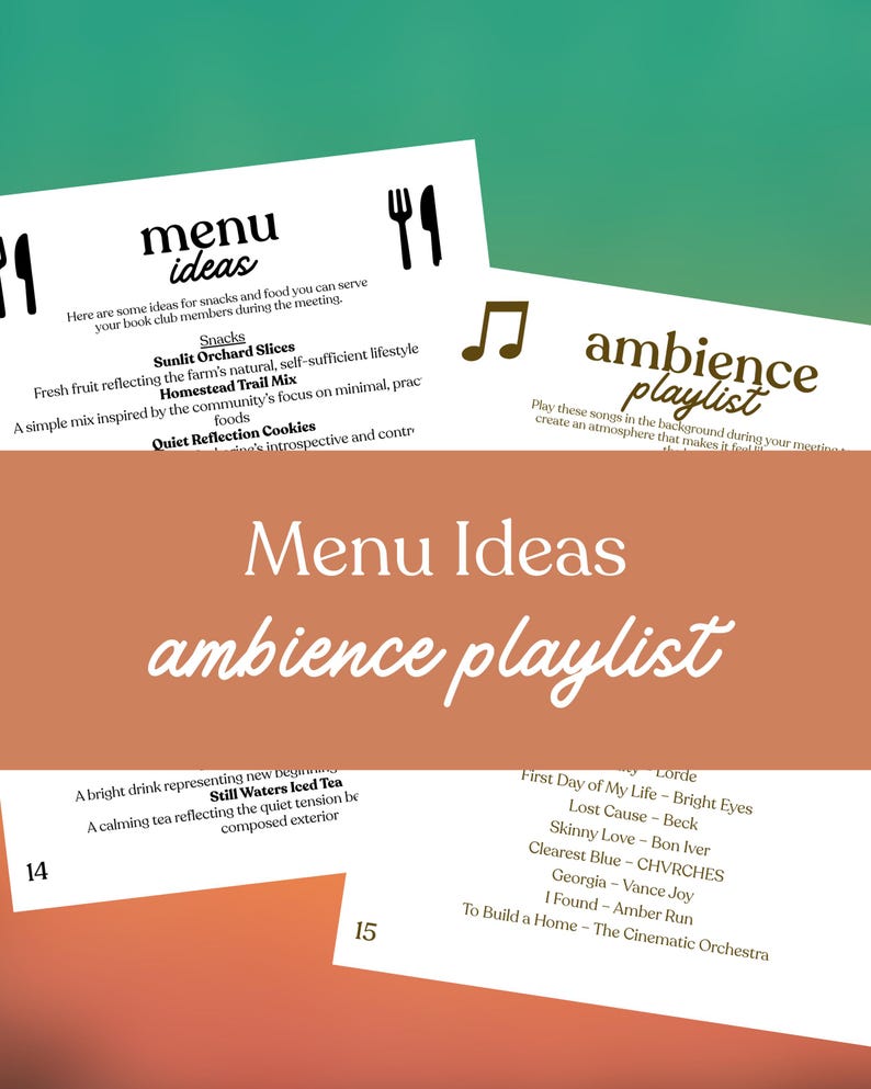 Puede incluir: Gr&aacute;fico con las palabras "Menu Ideas" y "ambience playlist" en escritura manuscrita. La imagen incluye sugerencias de snacks y una lista de reproducci&oacute;n para una reuni&oacute;n de club de lectura. El fondo es un degradado verde y naranja.