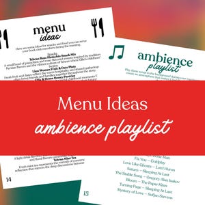 May include: A graphic design featuring the words "Menu Ideas" and "ambience playlist" in white script on a red background. The image includes two white pages with text and illustrations, and a list of songs.