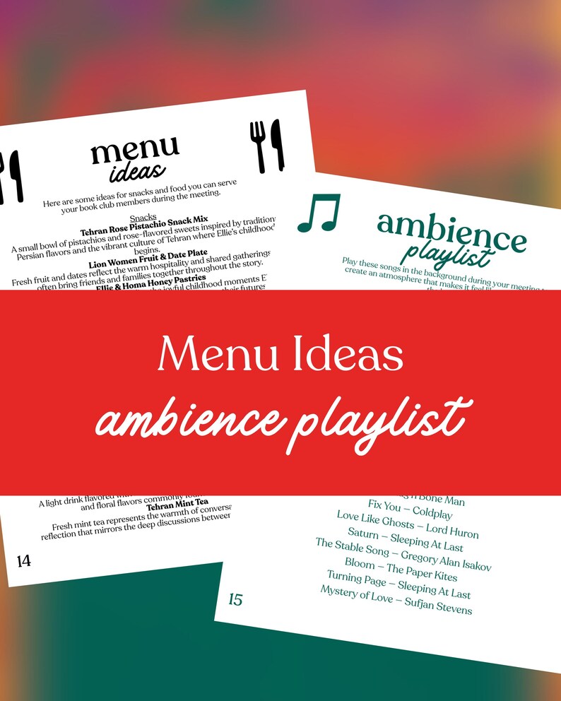 May include: A graphic design featuring the words "Menu Ideas" and "ambience playlist" in white script on a red background. The image includes two white pages with text and illustrations, and a list of songs.