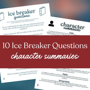 May include: A collection of white cards with text, including "ice breaker questions" and "character summaries." The cards are on a blurred background with a red banner that reads "10 Ice Breaker Questions character summaries."