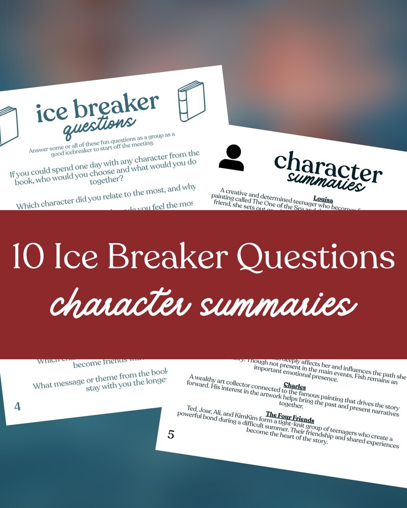 May include: A collection of white cards with text, including "ice breaker questions" and "character summaries." The cards are on a blurred background with a red banner that reads "10 Ice Breaker Questions character summaries."