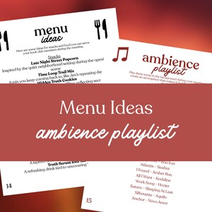 May include: A red and white graphic with the words "Menu Ideas" and "ambience playlist". The image includes a list of snack ideas and a playlist of songs. The image has a red gradient background.