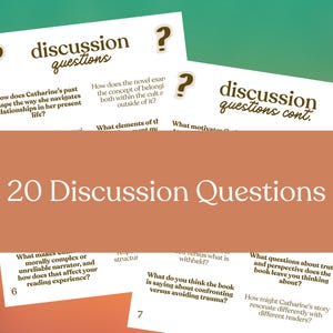 Puede incluir: Imagen con el texto "20 Preguntas de discusi&oacute;n" en gran tama&ntilde;o. Varias tarjetas m&aacute;s peque&ntilde;as con preguntas de discusi&oacute;n est&aacute;n dispuestas alrededor del texto principal. El fondo es un degradado de naranja y verde.