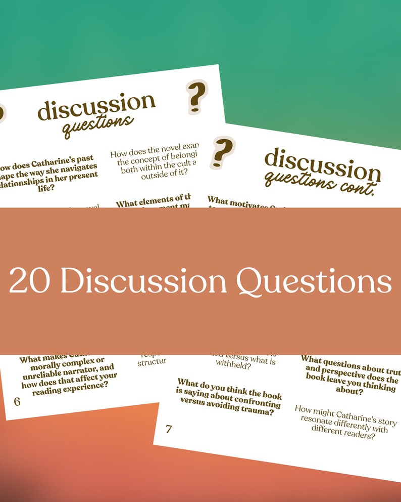Puede incluir: Imagen con el texto "20 Preguntas de discusi&oacute;n" en gran tama&ntilde;o. Varias tarjetas m&aacute;s peque&ntilde;as con preguntas de discusi&oacute;n est&aacute;n dispuestas alrededor del texto principal. El fondo es un degradado de naranja y verde.