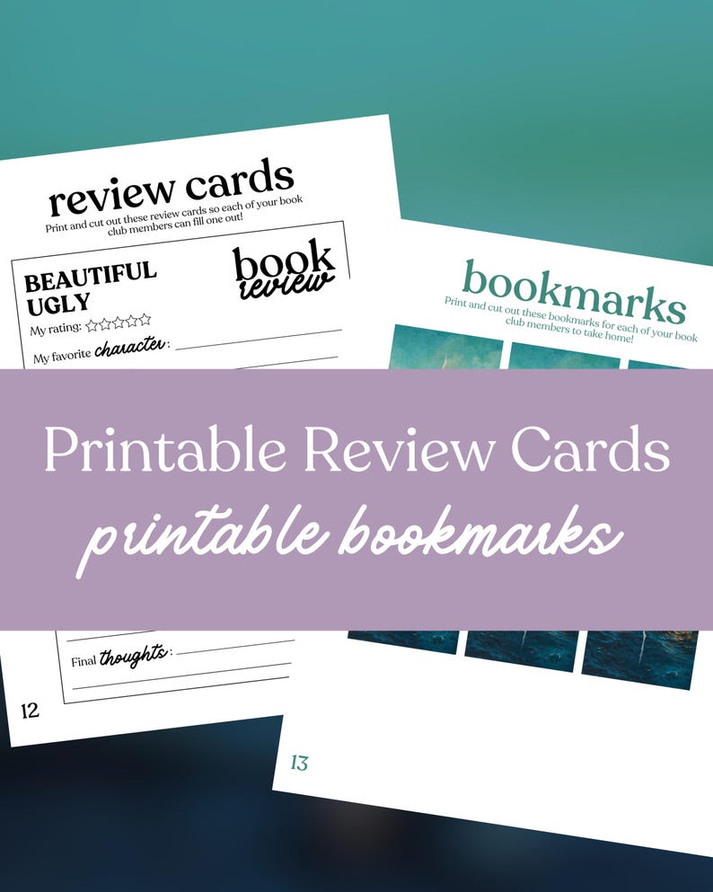 May include: White printable review cards and bookmarks with black text. The review cards have prompts for rating and favorite character. The bookmarks have a scenic image. The text says "Printable Review Cards" and "printable bookmarks".