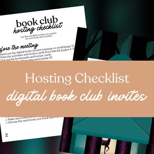 May include: A digital book club hosting checklist with the text "book club hosting checklist" and "digital book club invites". The image includes a checklist with instructions for preparing for a book club meeting.