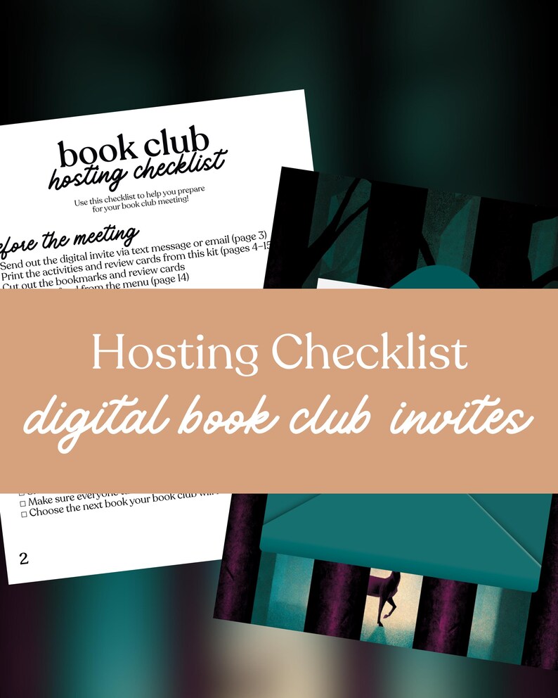 May include: A digital book club hosting checklist with the text "book club hosting checklist" and "digital book club invites". The image includes a checklist with instructions for preparing for a book club meeting.