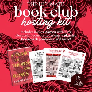 Op de afbeelding: Rood en wit boekclub hosting kit met de tekst "The Ultimate Book Club Hosting Kit". Bevat een boek, printables en discussievragen. Direct downloaden.