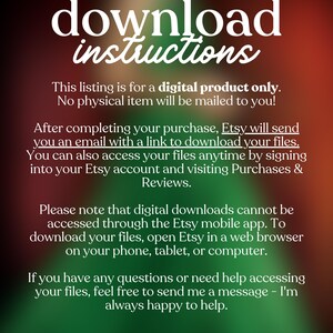 May include: A digital product download instructions graphic with a gradient red and green background. The white text reads "download instructions" and provides details on accessing digital files after purchase, emphasising that no physical item is mailed.