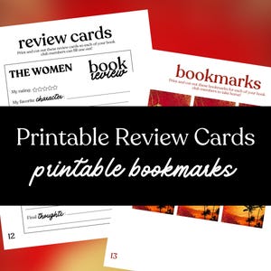 Op de afbeelding: Witte, bedrukbare recensiekaarten en bladwijzers met zwarte en rode tekst. De recensiekaarten hebben ruimte voor beoordelingen en favoriete personages. De bladwijzers tonen een zonsondergang. De tekst luidt "Printbare recensiekaarten printbare bladwijzers."