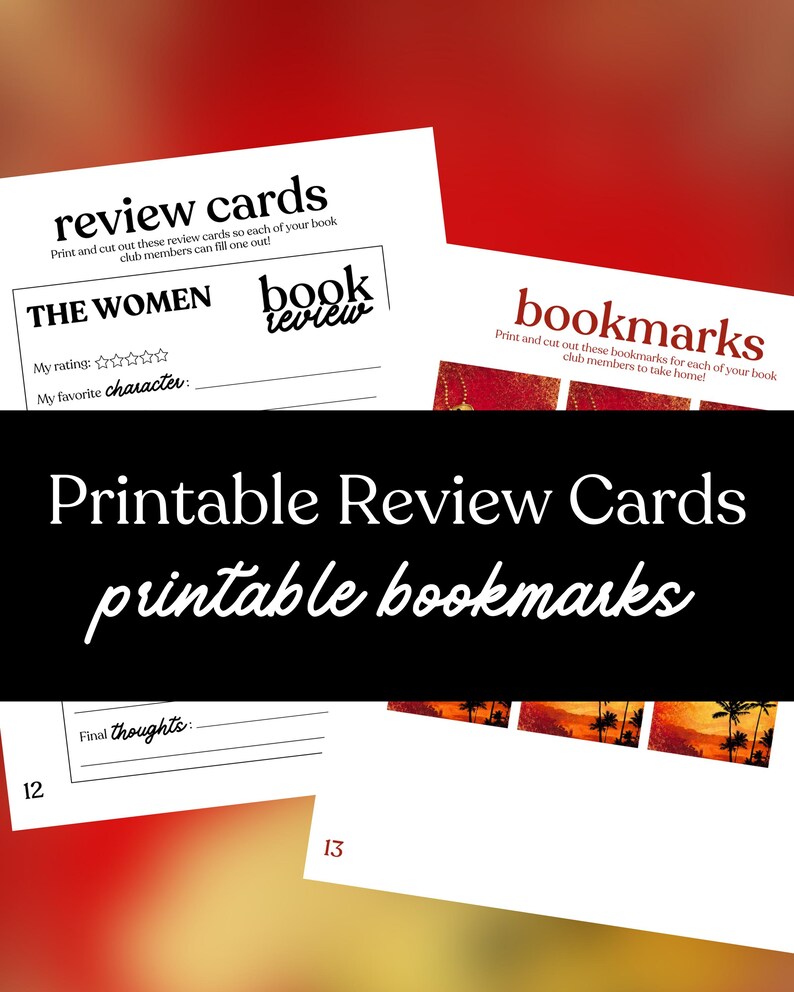 Op de afbeelding: Witte, bedrukbare recensiekaarten en bladwijzers met zwarte en rode tekst. De recensiekaarten hebben ruimte voor beoordelingen en favoriete personages. De bladwijzers tonen een zonsondergang. De tekst luidt "Printbare recensiekaarten printbare bladwijzers."