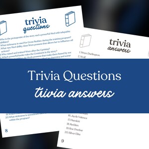 May include: A collection of printed trivia questions and answers on white paper. The title "Trivia Questions" and "trivia answers" are displayed in a stylized font. The image includes a blue banner and a dark background.