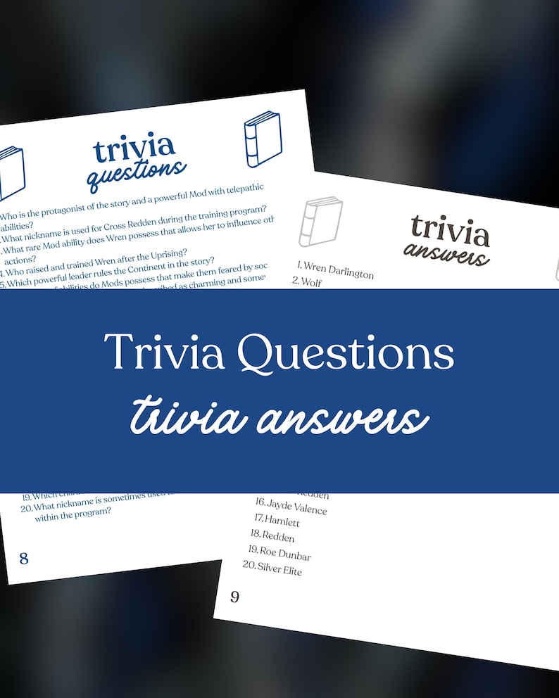May include: A collection of printed trivia questions and answers on white paper. The title "Trivia Questions" and "trivia answers" are displayed in a stylized font. The image includes a blue banner and a dark background.