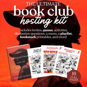 Pode incluir: Gráfico laranja e vermelho promovendo um kit de hospedagem de clube do livro. O texto diz "The Ultimate Book Club Hosting Kit" e inclui convites, jogos, atividades, perguntas para discussão, um menu, uma lista de reprodução e marcadores imprimíveis.