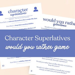 May include: White cards with blue text and graphics for a "Character Superlatives" and "Would You Rather" game. The cards feature fill-in-the-blank prompts and questions for a fun, interactive experience. The game is designed for entertainment.