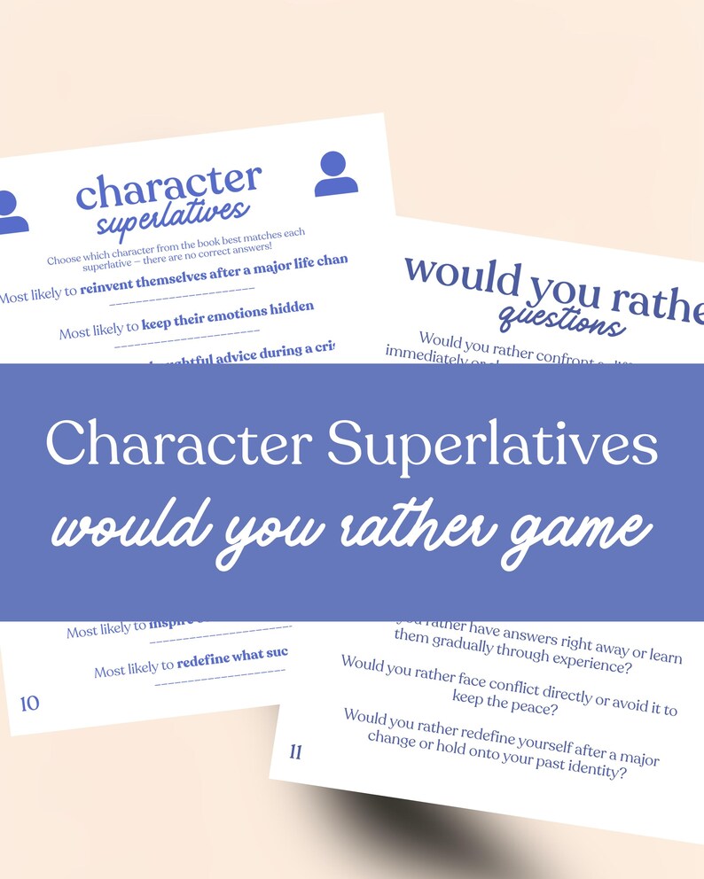 May include: White cards with blue text and graphics for a "Character Superlatives" and "Would You Rather" game. The cards feature fill-in-the-blank prompts and questions for a fun, interactive experience. The game is designed for entertainment.