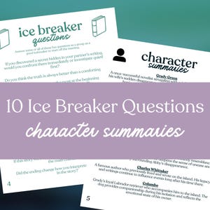 May include: A collection of white cards with text, including "ice breaker questions" and "character summaries." The cards feature questions and summaries, with a purple banner across the center. The background is a gradient of teal and navy.