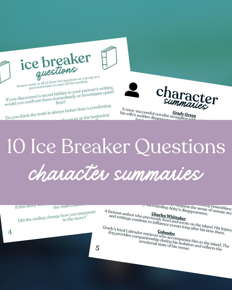 May include: A collection of white cards with text, including "ice breaker questions" and "character summaries." The cards feature questions and summaries, with a purple banner across the center. The background is a gradient of teal and navy.