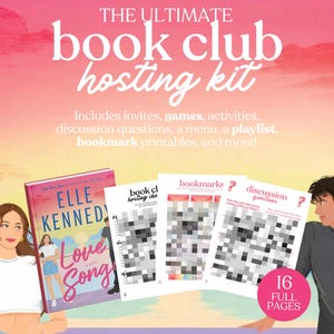 Op de afbeelding: Een roze en witte afbeelding die een boekclub hosting kit promoot. De tekst luidt "THE ULTIMATE book club hosting kit" en bevat uitnodigingen, spellen, activiteiten, discussievragen, een menu, een afspeellijst en bladwijzers. Een boekomslag en printbare vellen zijn ook afgebeeld.