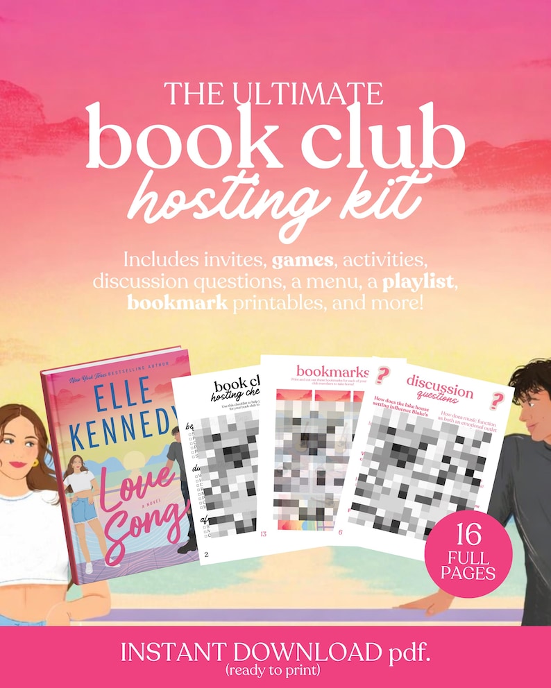 Op de afbeelding: Een roze en witte afbeelding die een boekclub hosting kit promoot. De tekst luidt "THE ULTIMATE book club hosting kit" en bevat uitnodigingen, spellen, activiteiten, discussievragen, een menu, een afspeellijst en bladwijzers. Een boekomslag en printbare vellen zijn ook afgebeeld.