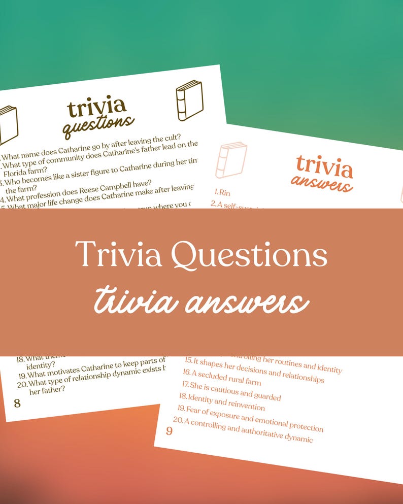 Puede incluir: Tarjetas de trivia con las palabras "trivia questions" y "trivia answers" en escritura blanca sobre un fondo marr&oacute;n. Las tarjetas presentan preguntas y respuestas sobre un libro. Los n&uacute;meros 8 y 9 son visibles.