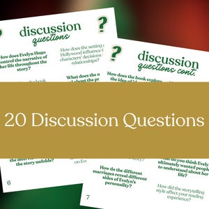 May include: Cards with discussion questions about a book, featuring the text "discussion questions" in green. The cards include questions about the story, characters, and themes. The phrase "20 Discussion Questions" is also visible.