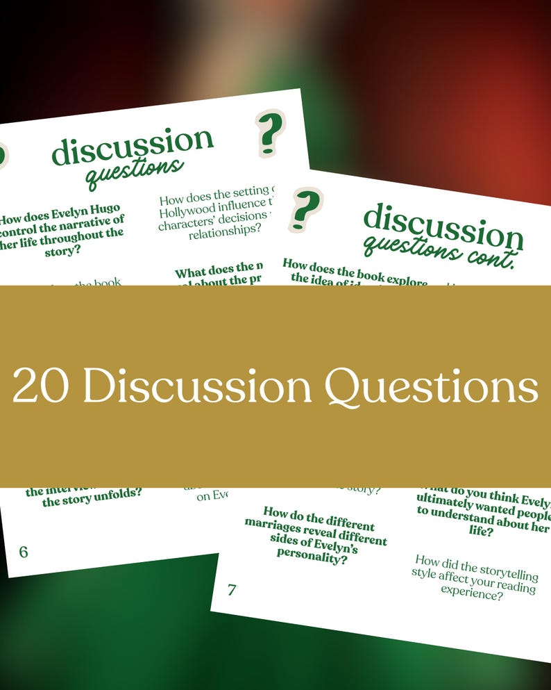 May include: Cards with discussion questions about a book, featuring the text "discussion questions" in green. The cards include questions about the story, characters, and themes. The phrase "20 Discussion Questions" is also visible.