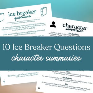 May include: A teal and white graphic with the text "10 Ice Breaker Questions character summaries." The image includes two sheets with questions and character summaries. The questions are designed to start a meeting.