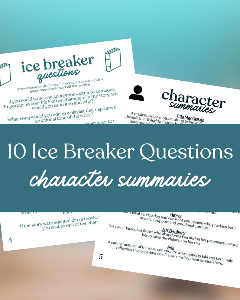 May include: A teal and white graphic with the text "10 Ice Breaker Questions character summaries." The image includes two sheets with questions and character summaries. The questions are designed to start a meeting.