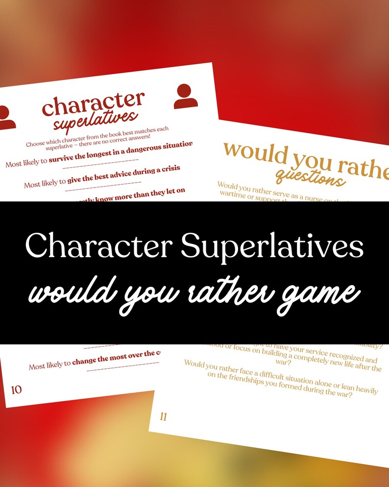 Op de afbeelding: Witte kaarten met tekst voor een spel genaamd "Character Superlatives" en "Would You Rather Questions". De kaarten hebben rode en gouden tekst op een rode en zwarte achtergrond. Het spel vraagt spelers om te kiezen welke karakter het beste bij elke overtreffende trap past.